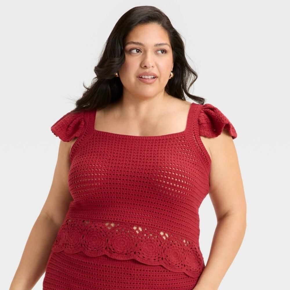 NWT Universal Thread Openwork Pointelle Flutter Sleeve Sweater Tank Red Size XL